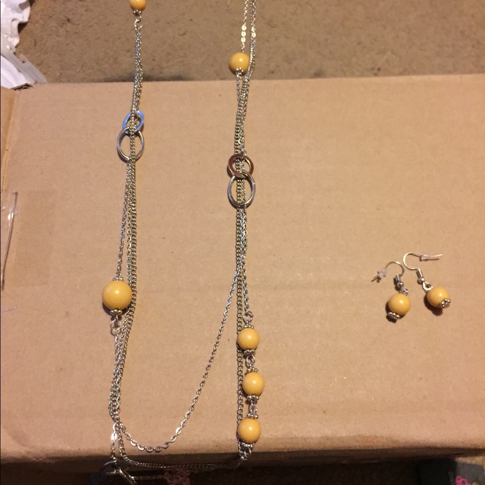 Yellow and silver long necklace &earrings